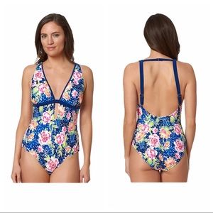 Pink Envelope Floral Plunging One Piece Swimsuit